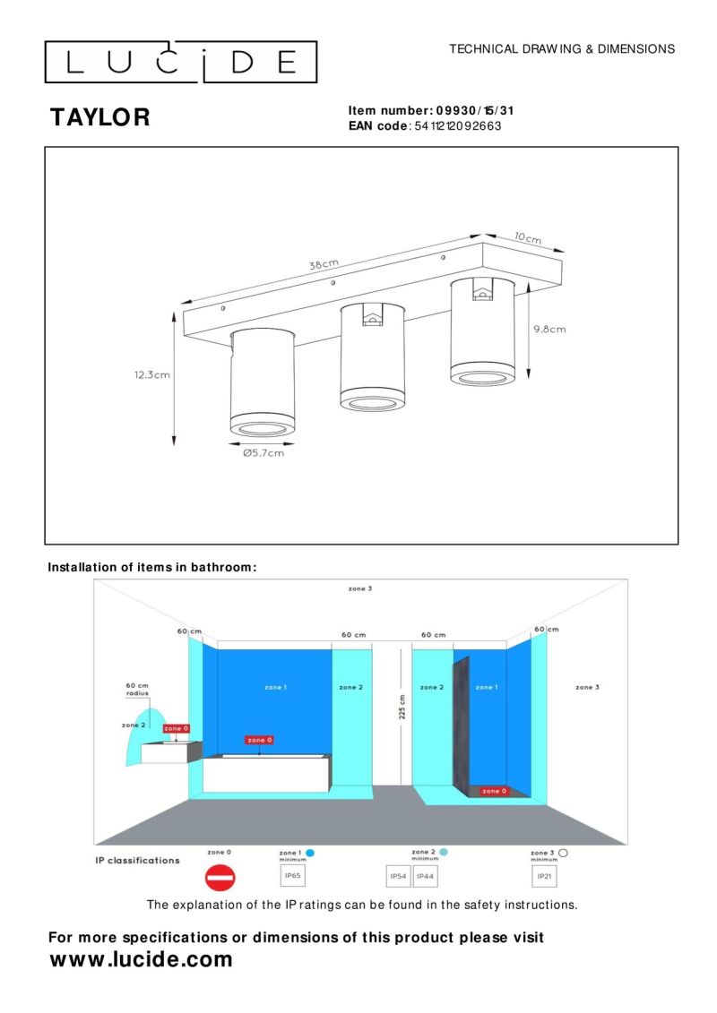 Lucide TAYLOR - Stropné bodové svietidlo Kúpeľňa - LED Dim to warm - GU10 - 3x5W 2200K/3000K - IP44 - White